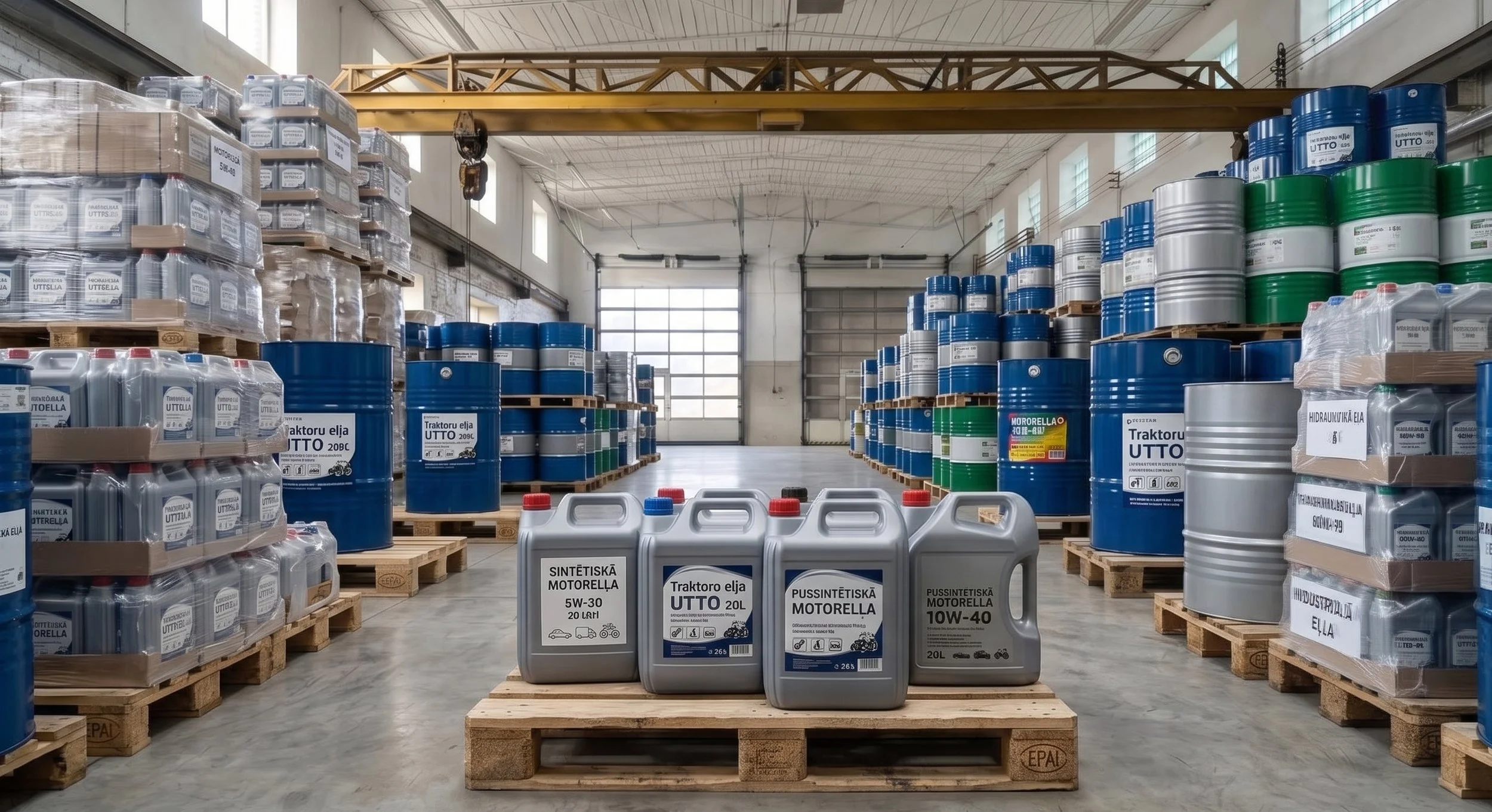 A warehouse with shelves of large containers of motor oil, organized on wooden pallets, with a yellow overhead crane and high windows.