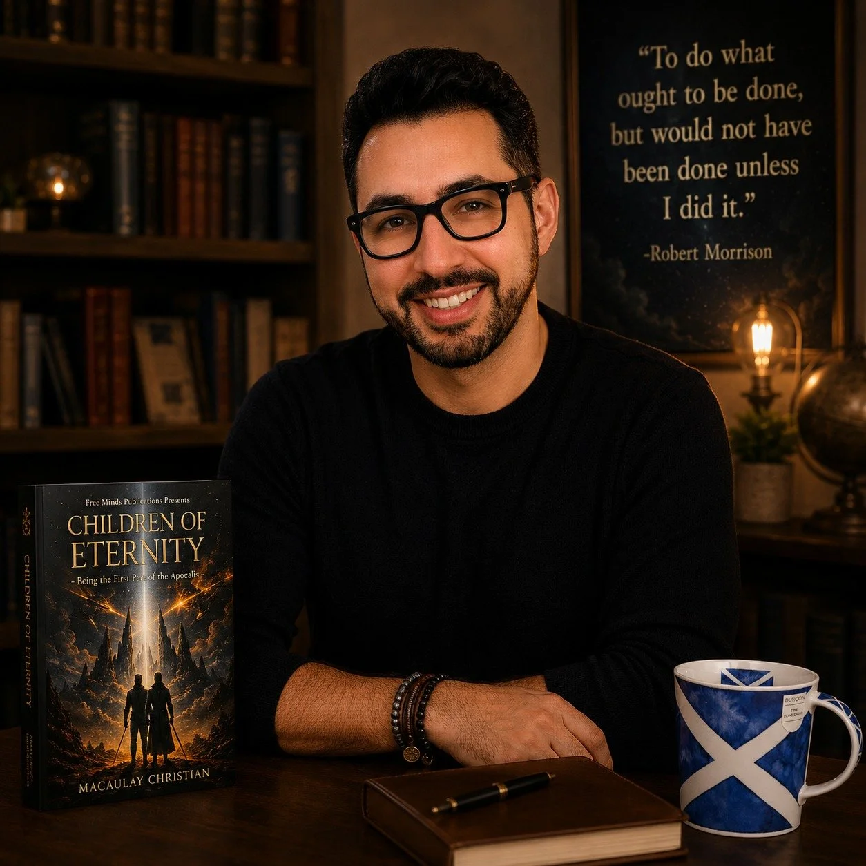 A man with glasses and a beard, sitting at a desk, smiling at the camera, with a book titled 'Children of Eternity' and a mug with a blue and white cross pattern on it.