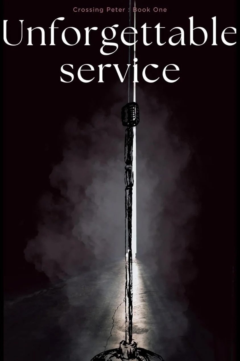 A dark, minimalist book cover titled "Unforgettable service" in a large, elegant white serif font across the top. Above the main title, smaller red text reads "Crossing Peter : Book One". The central imagery features a stylized, slightly warped or dr