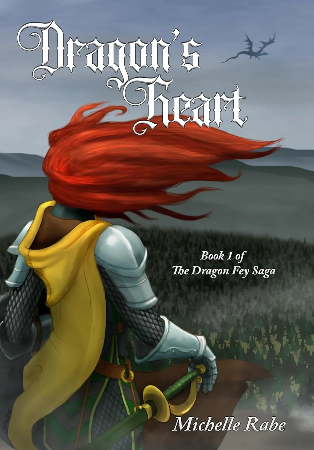 A fantasy book cover titled "Dragon's Heart" showing a female knight with long red hair and armor, holding a sword, overlooking a forested landscape with mountains and a dragon flying in the sky.