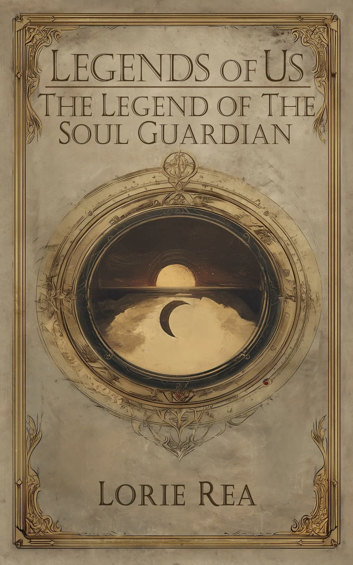 A book cover titled 'Legends of Us: The Legend of the Soul Guardian' by Lorie Rea, featuring a circular design with a sunset or sunrise over water and a crescent moon, framed with ornate golden decorative borders.
