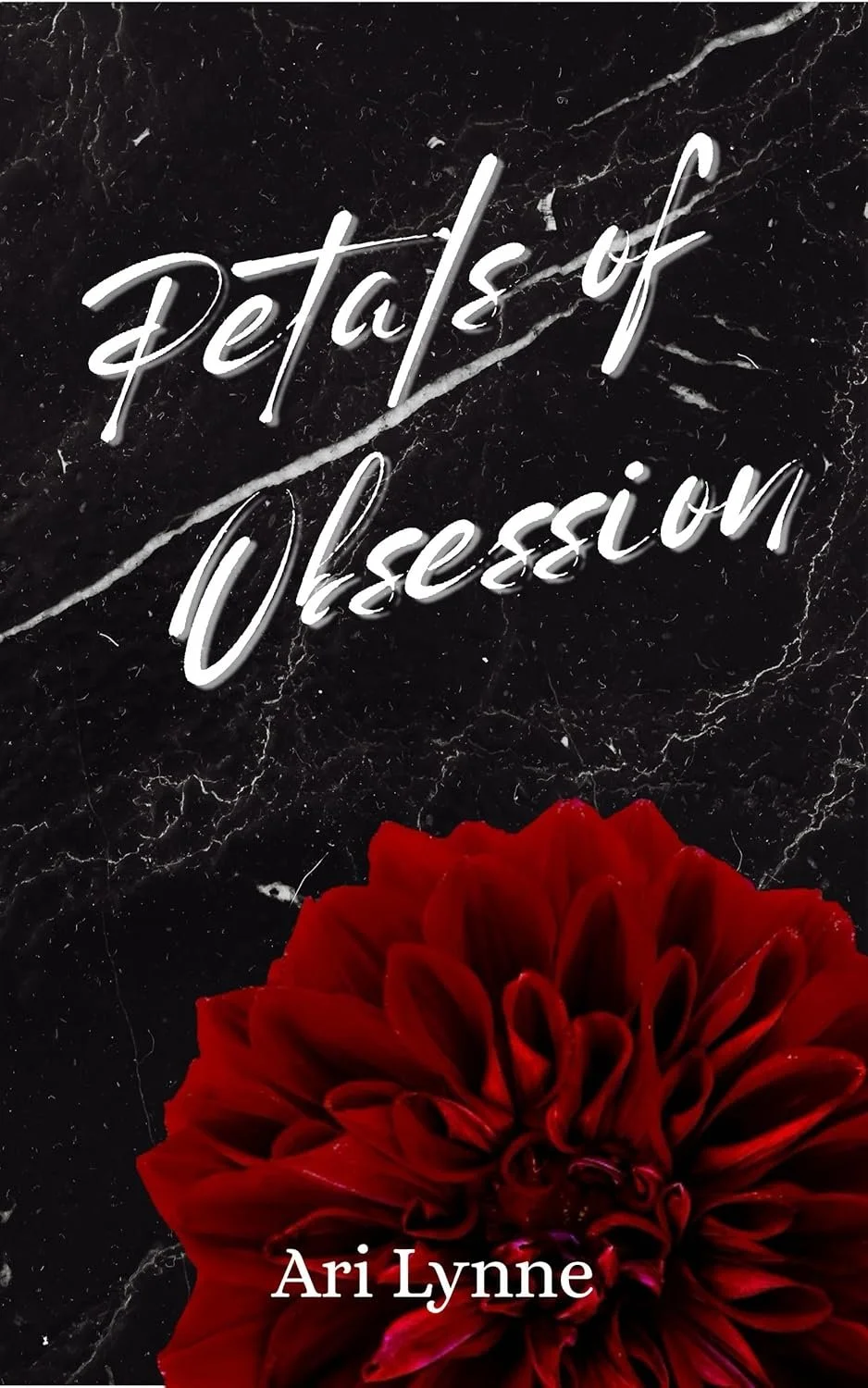 Book cover titled 'Details of Obsession' by Ari Lynne, featuring a black marble background, white stylish script text, and a large red flower at the bottom.