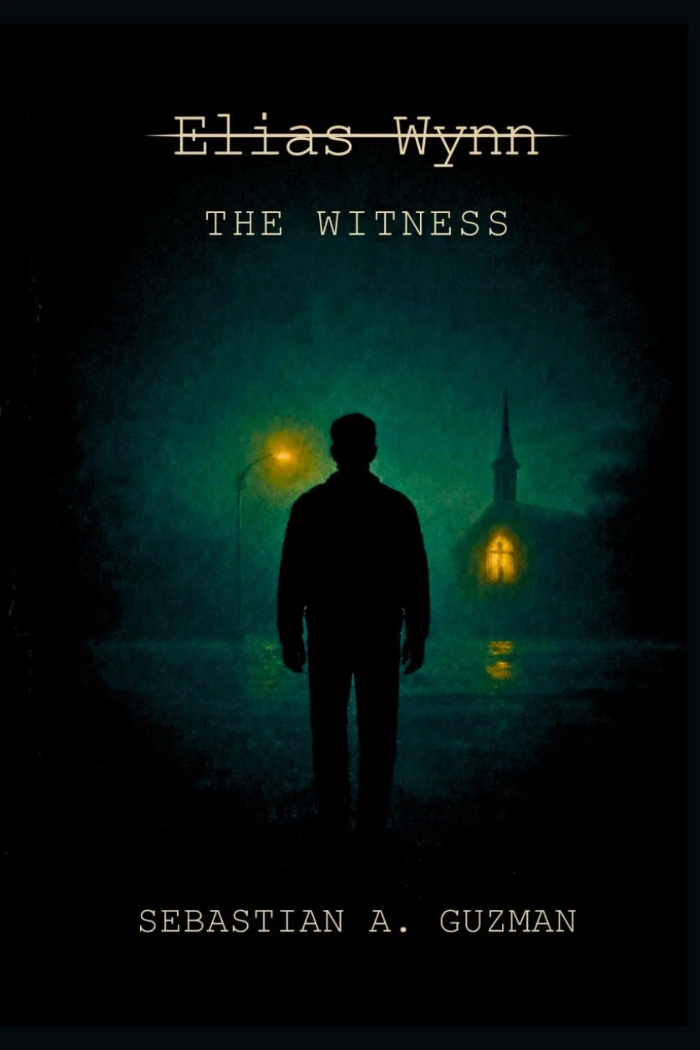 Dark, atmospheric book cover featuring a lone figure standing in a foggy street beside a glowing church.