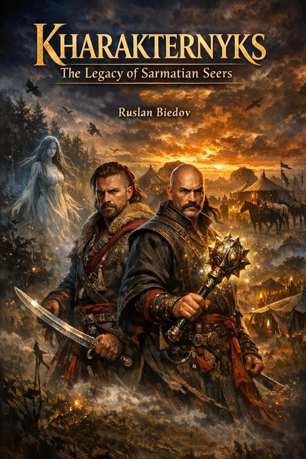 Book cover titled "Kharakternyks: The Legacy of Sarmatian Seers" by Ruslan Biedov. The artwork features two fierce warriors dressed in armor, one holding a sword and the other a spiked mace, standing in a fiery battlefield at sunset with tents, horse