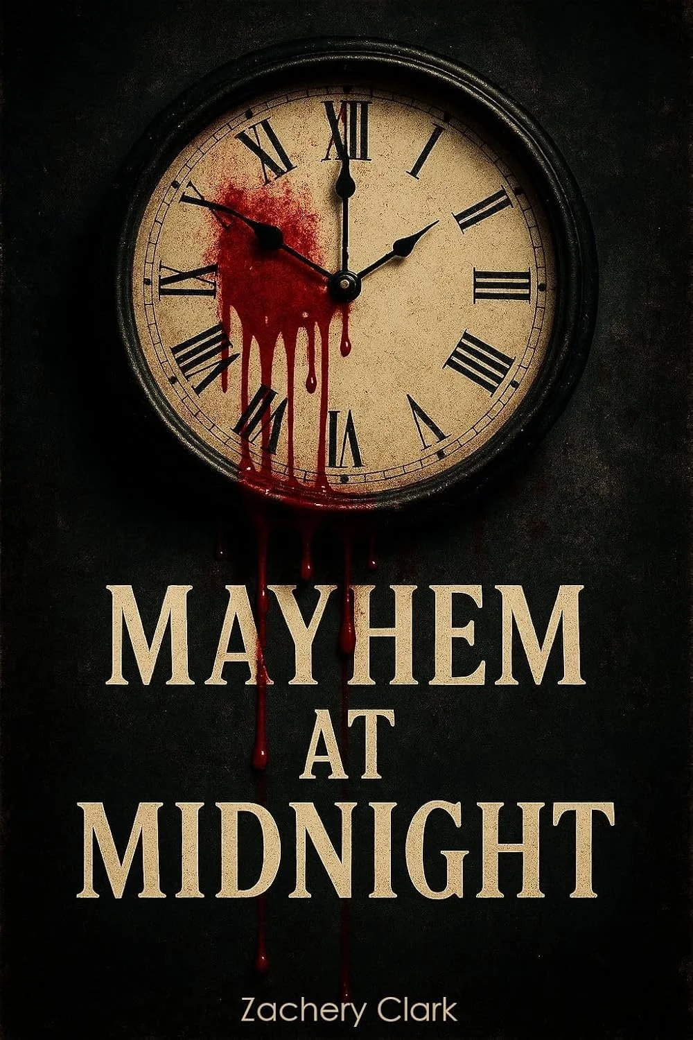 A dark horror thriller featured on selfpublishing360.com, titled "MAYHEM AT MIDNIGHT" by Zachery Clark. The imagery features a large, vintage-style round clock with Roman numerals, set precisely at midnight. A thick splatter of bright red blood stain