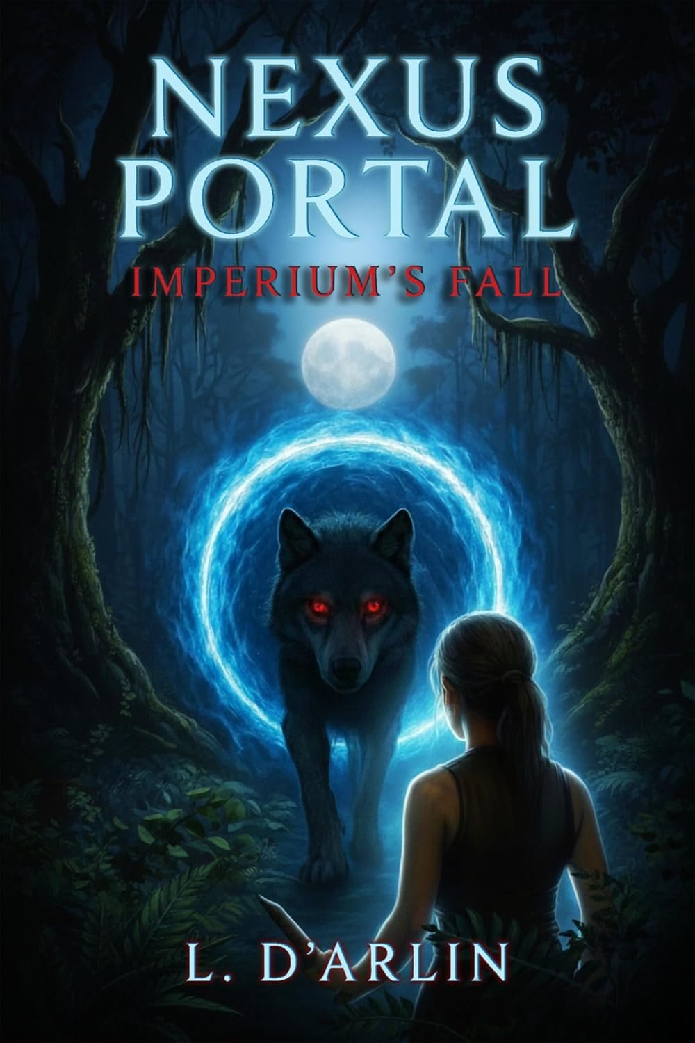 A fantasy book cover titled 'Nexus Portal: Imperium's Fall' by L. D'Arlin. It depicts a dark, mysterious forest with twisted trees and hanging moss. A glowing blue portal stands in the center, with a wolf with glowing red eyes emerging from it. A gir