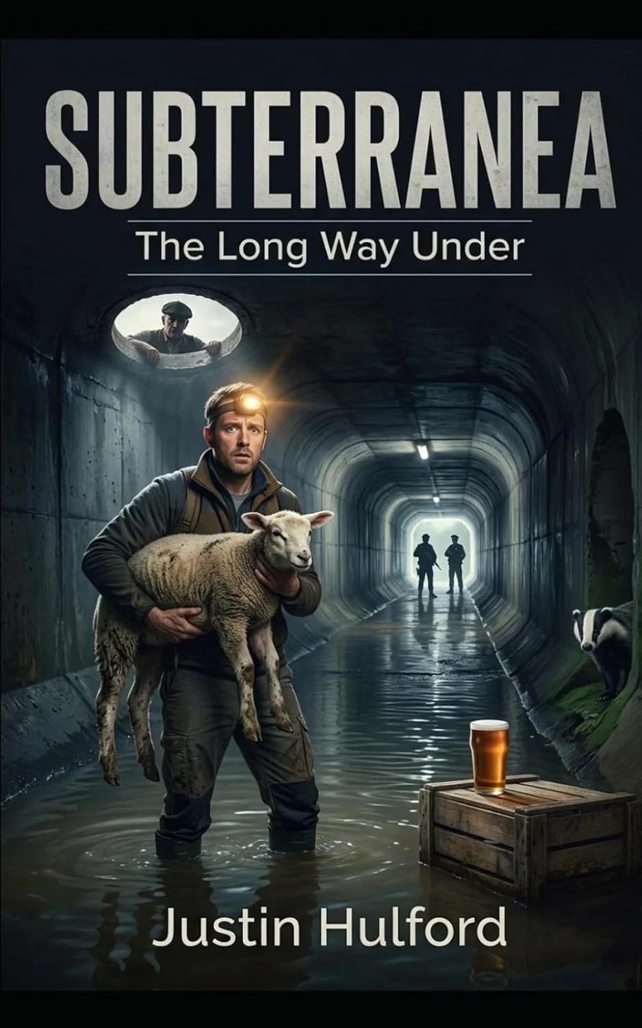 Book cover for "Subterranea: The Long Way Under" by Justin Hulford, showing a man with a headlamp holding a lamb in a tunnel with water, two soldiers walking in the distance, a sheep peeking out from the side, a crate with a beer, and a man looking o
