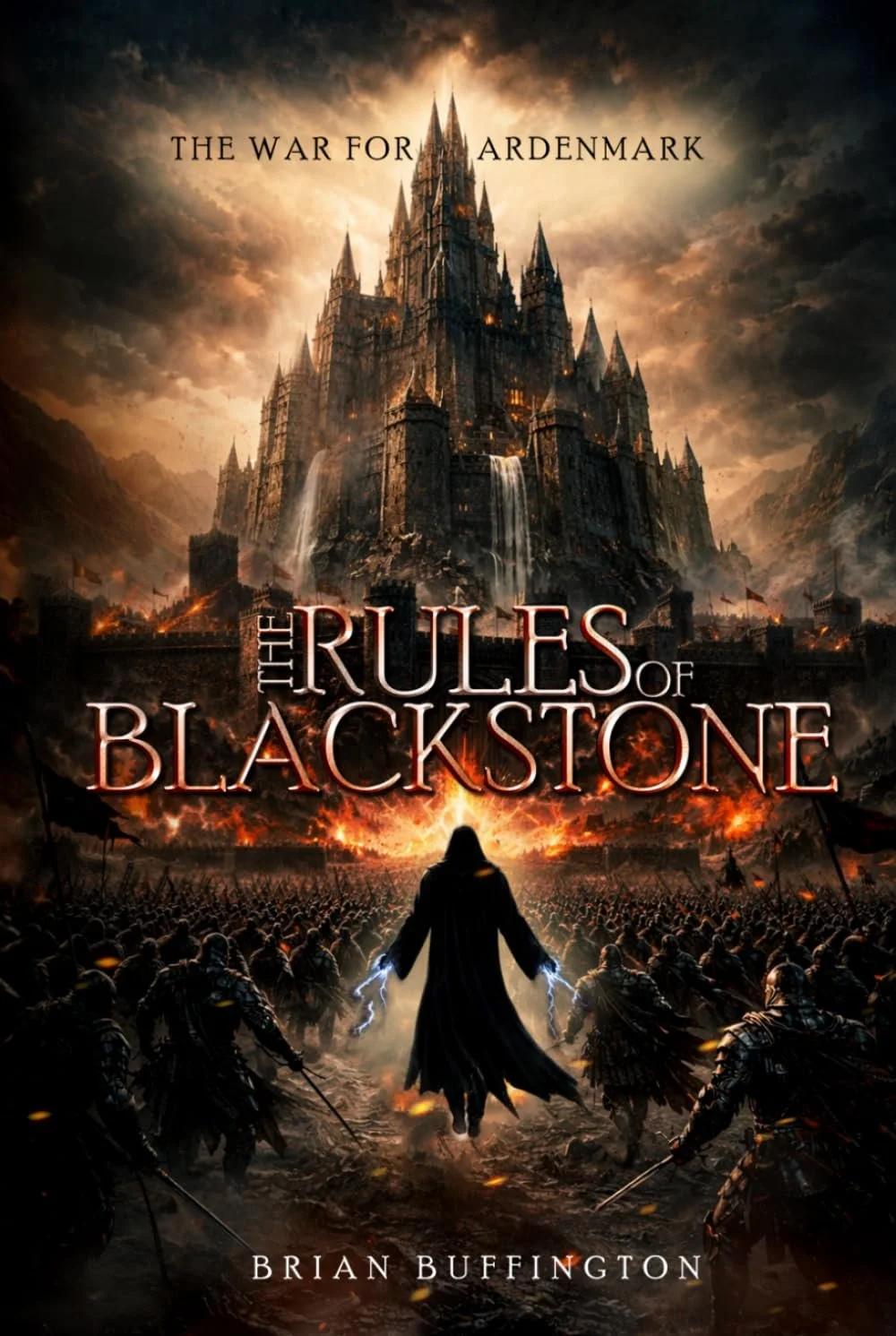 Book cover for "The Rules of Blackstone" by Brian Buffington. Features a dark, ominous castle on a cliff with waterfalls, surrounded by a large army with a figure wielding lightning in the foreground, and a fiery background under stormy skies.