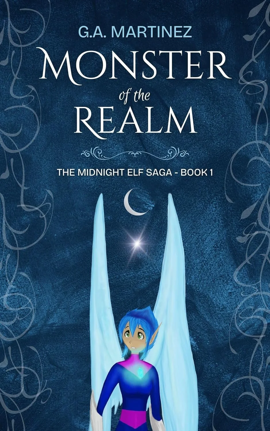 Book cover titled "Monster of the Realm" by G.A. Martinez, featuring an elf with blue hair, green eyes, blue and purple clothing, large white wings, and a crescent moon above.