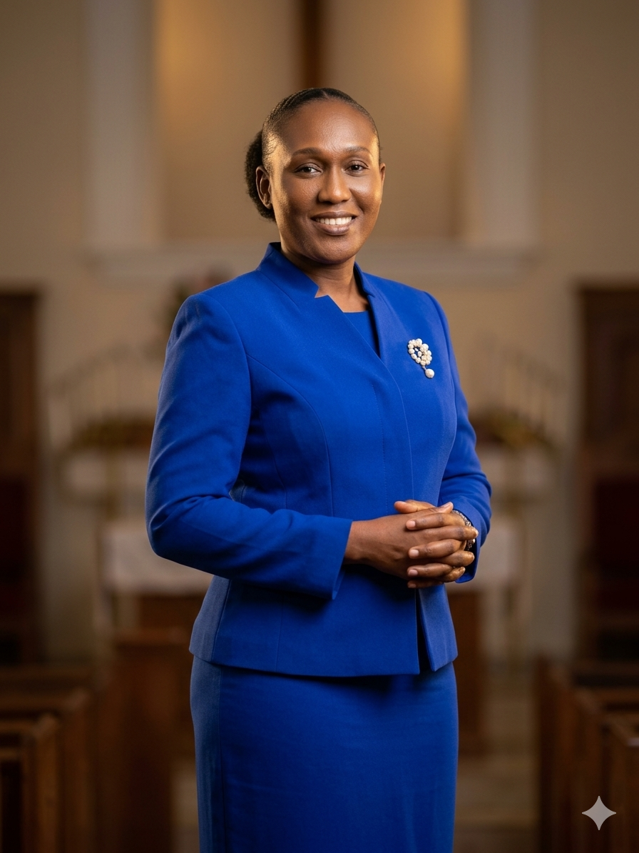 Professional portrait of a smiling woman wearing a royal blue suit, standing with folded hands inside a church sanctuary with softly blurred pews and warm lighting in the background.
