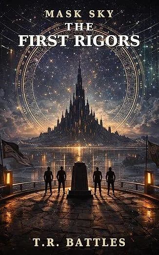 Four people standing on a bridge in front of a large, dark castle illuminated by lights, with a starry sky and a clock face in the background.
