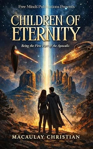 Book cover for 'Children of Eternity' by Macaulay Christian, featuring two people standing in a fantasy landscape with mountains and fire, a spaceship, and a beam of light in the sky.