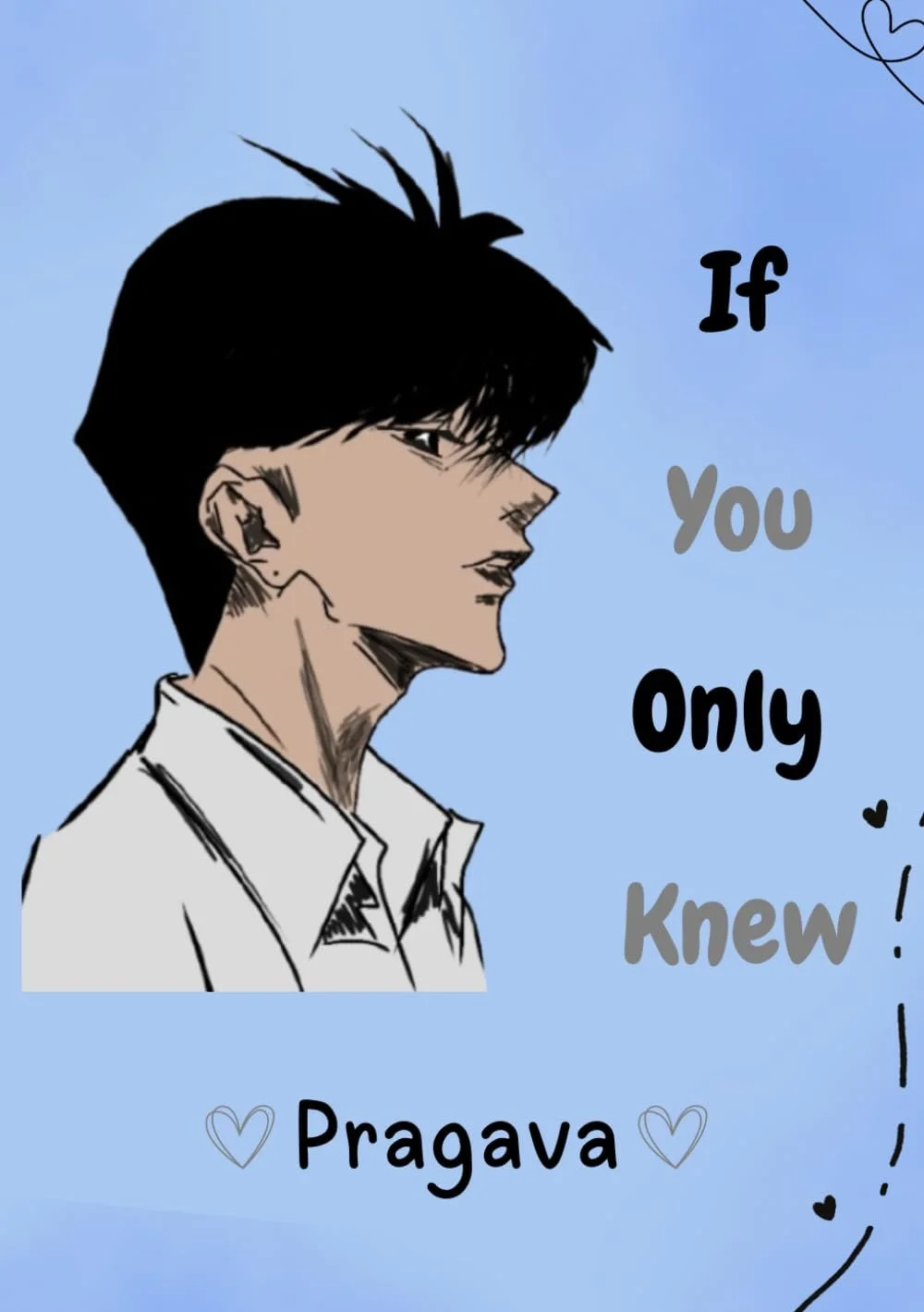 An illustrated portrait of a young man with black hair, wearing a white shirt, against a light blue background. Text on the image reads 'If you only knew! ♥ Pragava ♥' with some small decorative hearts and lines.