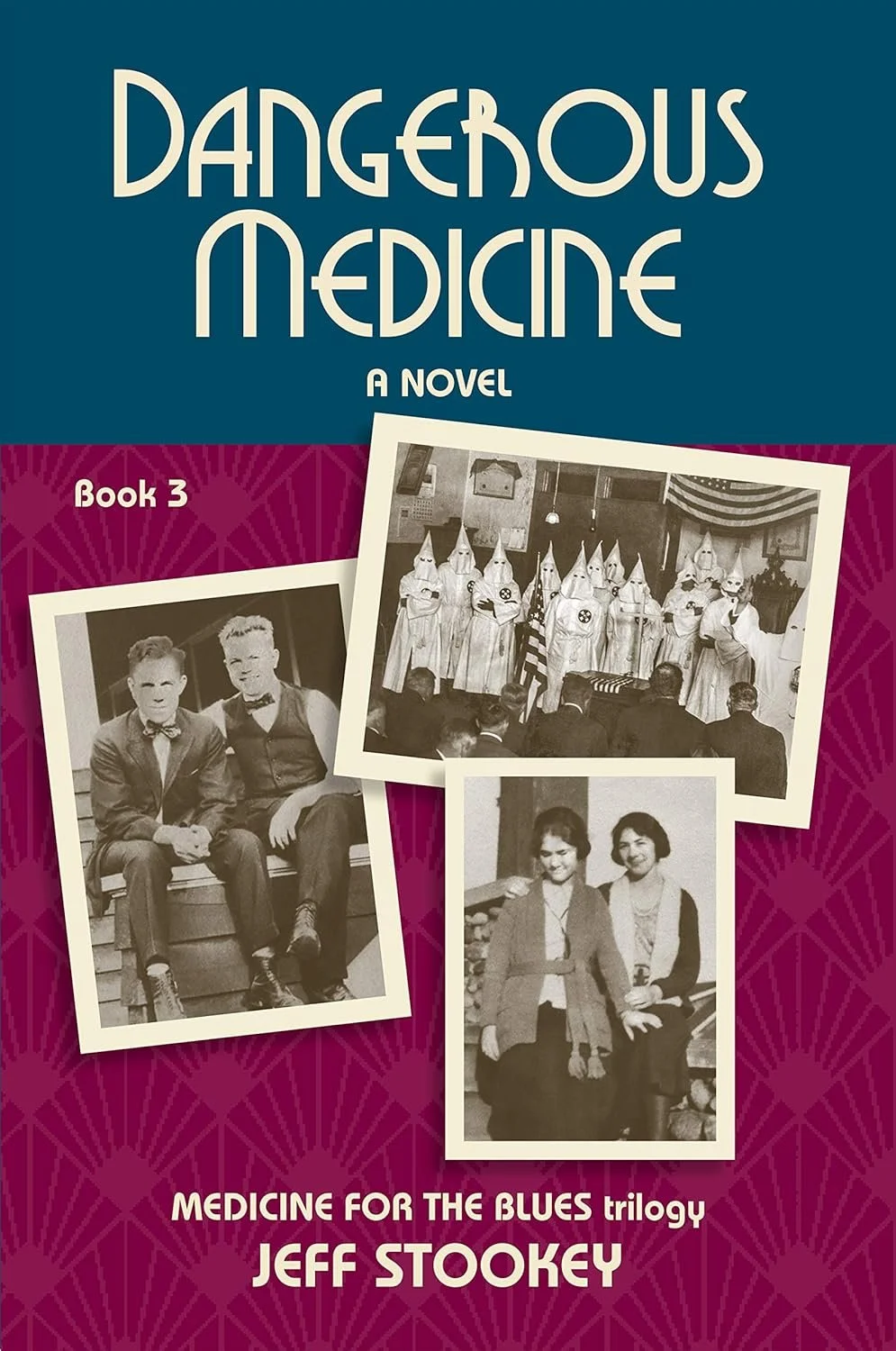Book cover of "Dangerous Medicine" by Jeff Stookey, showing vintage black-and-white photographs of people in formal attire and a group in costumes with pointed hats, against a purple background.