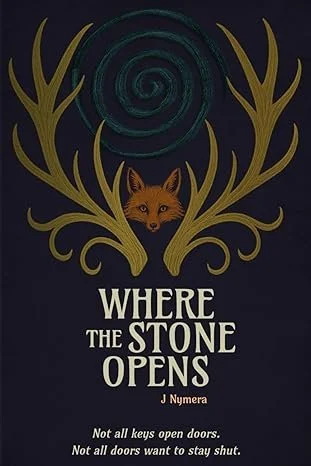 A dark blue book cover featuring a stylized teal spiral at the top, positioned above a pair of large, golden antlers that frame a small red fox head. Below the illustration, the title "WHERE THE STONE OPENS" is written in large cream-colored text, fo