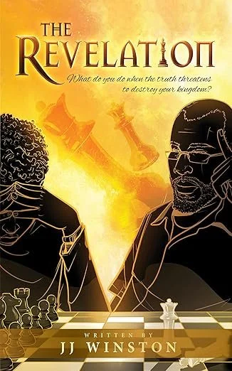 A book cover featuring a dramatic line-art illustration of two figures engaged in a high-stakes chess match against a glowing, fiery yellow and orange background where translucent king and queen chess pieces appear to be falling. In the foreground, a