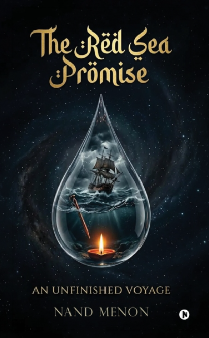 A captivating book cover set against a deep cosmic background filled with a swirling galaxy and a dense field of stars. The central focus is a large, glass water droplet that encapsulates a dramatic scene: on the turbulent surface of the water inside