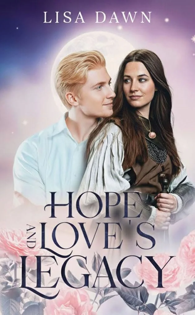 Book cover titled "Hope and Love's Legacy" by Lisa Dawn, featuring a young man with blonde hair smiling at a young woman with dark hair against a background of a full moon and pink roses.