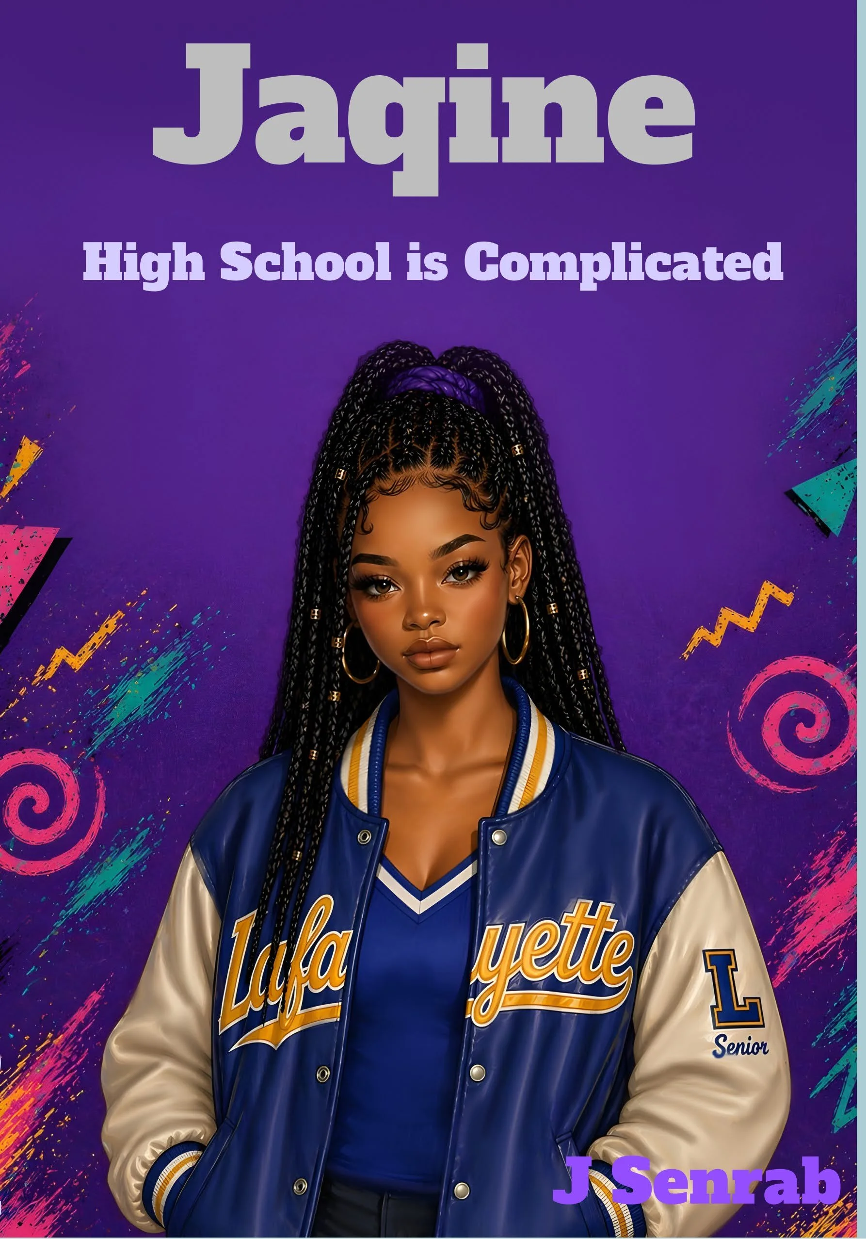 A vibrant book cover featuring an illustrated portrait of a young Black woman with long, detailed box braids styled into a high ponytail, gold hoop earrings, and laid edges. She wears a blue and cream varsity letterman jacket with "Lafayette" scripte