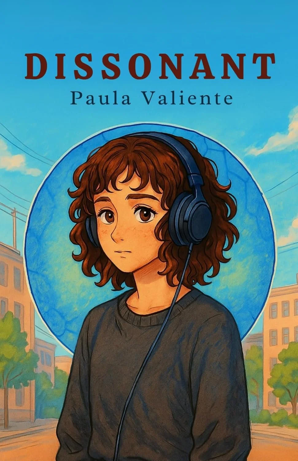 Book cover for 'Dissonant' by Paula Valente featuring an illustrated girl with short curly brown hair wearing headphones, set against an urban background with buildings and a blue sky.