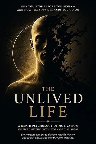 A striking psychological book featured on selfpublishing360.com, titled "THE UNLIVED LIFE" in an elegant cream serif font. The artwork depicts the chest-up silhouette of a hairless man with his eyes closed. The left side of his body is warmly illumin