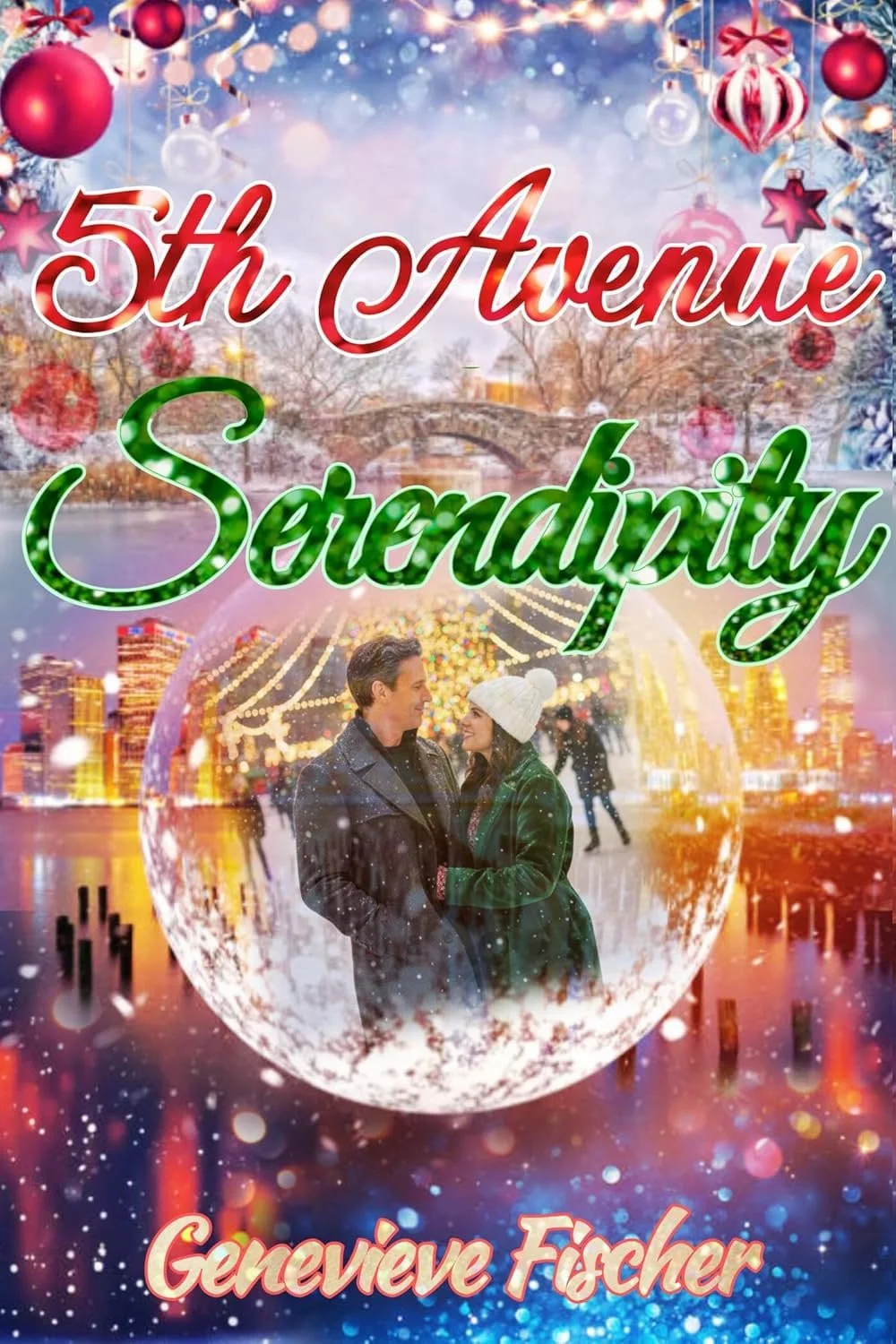 Christmas-themed book cover titled "5th Avenue Serenity" by Genevieve Fischer, featuring a couple smiling and looking at each other, with a festive cityscape, Christmas ornaments, and snow in the background.