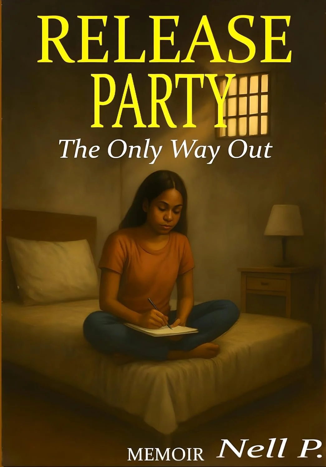 A compelling memoir featured on selfpublishing360.com, titled "RELEASE PARTY: The Only Way Out" by Nell P. The illustration shows a young woman sitting cross-legged on a bed in a dimly lit, austere room, looking down intently as she writes in a noteb