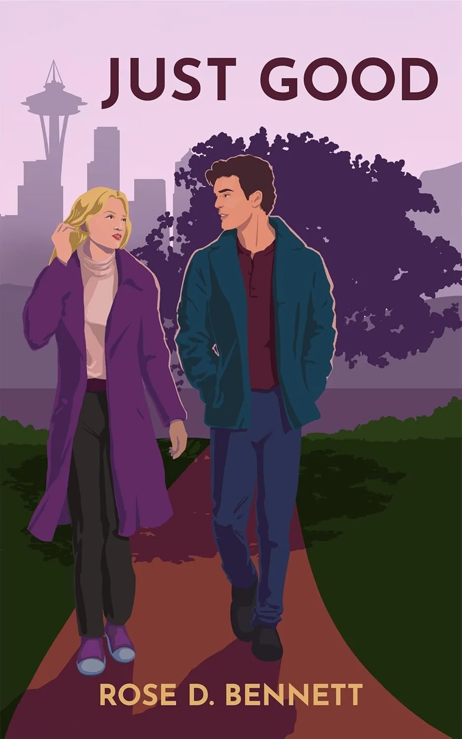 Illustration of a man and woman walking and talking outdoors, with city skyline and purple trees in the background, and the text 'Just Good' at the top and 'Rose D. Bennett' at the bottom.