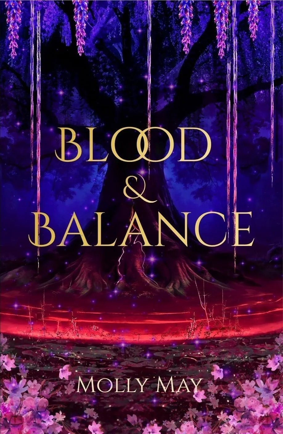 A mystical, fantasy book cover titled 'Blood & Balance' by Molly May. Features a large, dark tree with purple hanging flowers, glowing purple stars, and vibrant pink and purple flowers at the bottom, creating a magical, enchanted atmosphere.