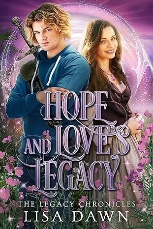 Fantasy romance book Hope and Love’s Legacy by Lisa Dawn, featuring a young man holding a sword beside a smiling young woman, surrounded by glowing magical energy and blooming flowers. The vibrant purple artwork and fantasy-inspired design create a s