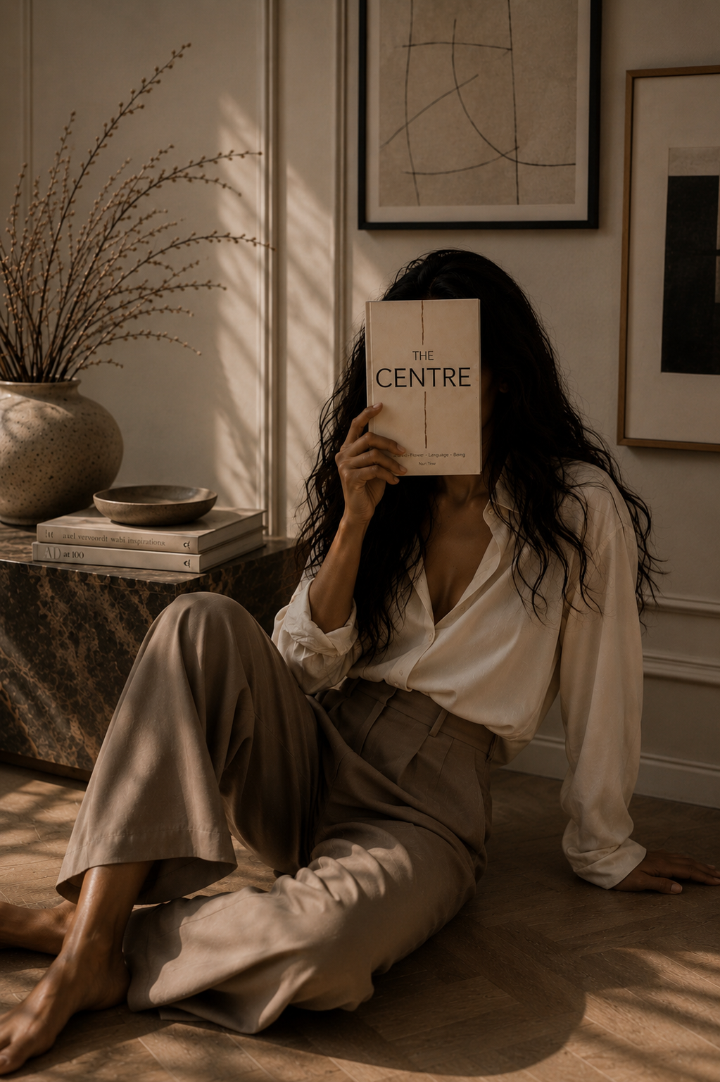 A woman sitting on the floor of a room, holding a book titled 'The Centre' in front of her face. She has long dark hair and is wearing beige trousers and an off-white blouse. The room features a marble table with books and pottery, framed artwork on 