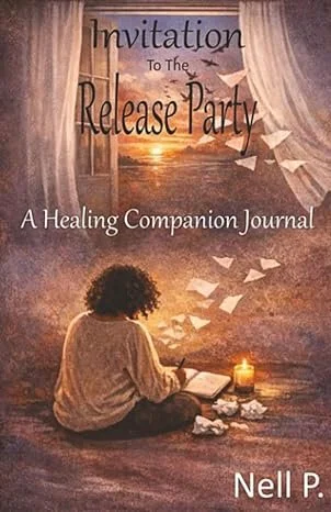 An inspiring journal featured on selfpublishing360.com, titled "Invitation To The Release Party: A Healing Companion Journal" by Nell P. The warm, textured illustration depicts a person with curly dark hair sitting on the floor from behind, writing i