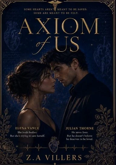 A captivating contemporary medical romance book featured on selfpublishing360.com, titled "AXIOM of US" by Z.A. Villers. The dark, elegant design depicts a man and a woman looking deeply into each other's eyes against a starry night background. The s
