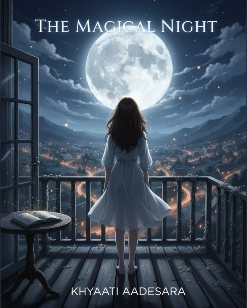 An enchanting and whimsical book cover showing the back view of a young girl with long, brown hair standing barefoot on a wooden balcony. She is dressed in a simple white nightgown that gently flares out. She gazes out at a massive, glowing full moon