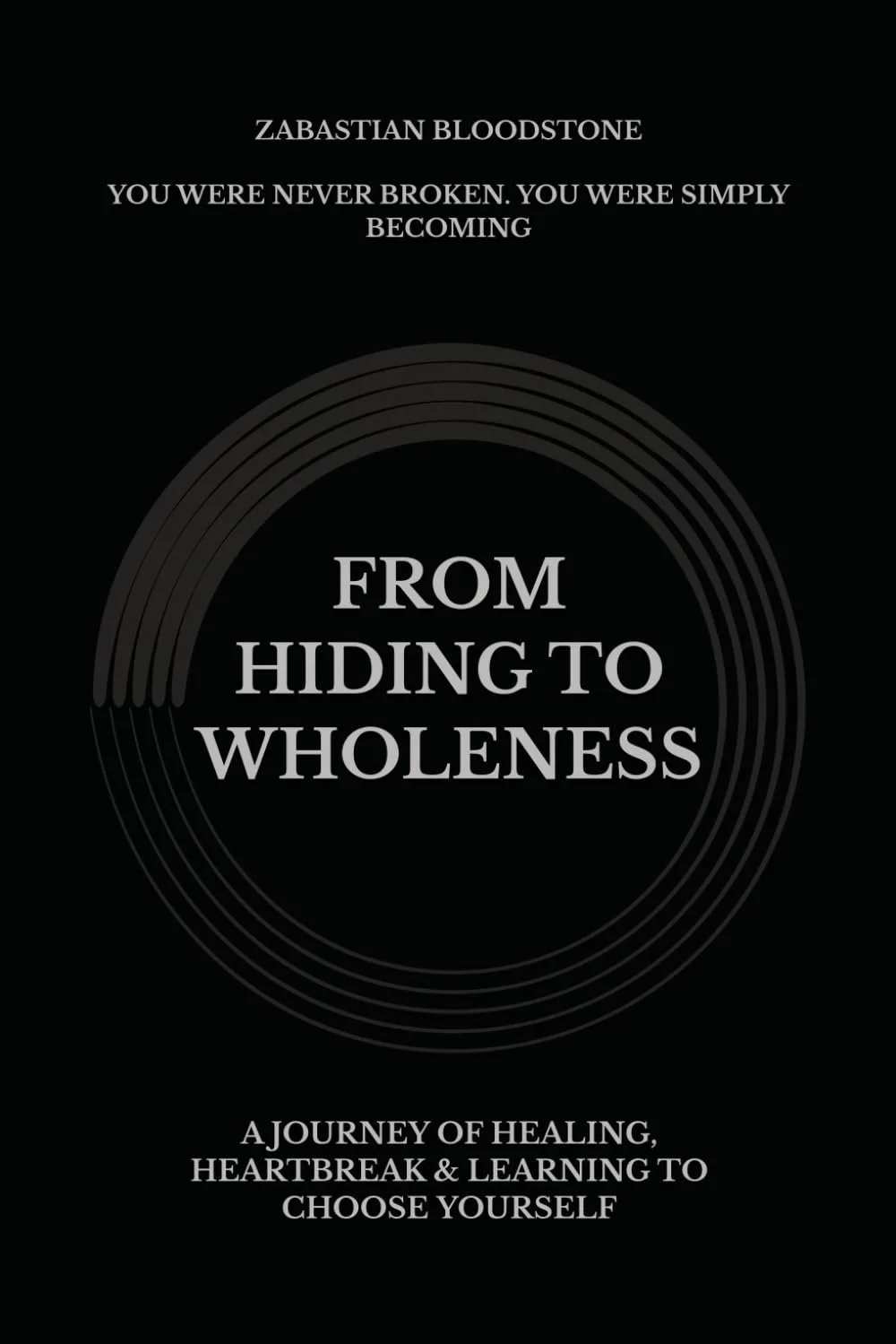 Book cover titled "From Hiding to Wholeness" by Zabastian Bloodstone, with subtitle "A Journey of Healing, Heartbreak & Learning to Choose Yourself" on a black background.