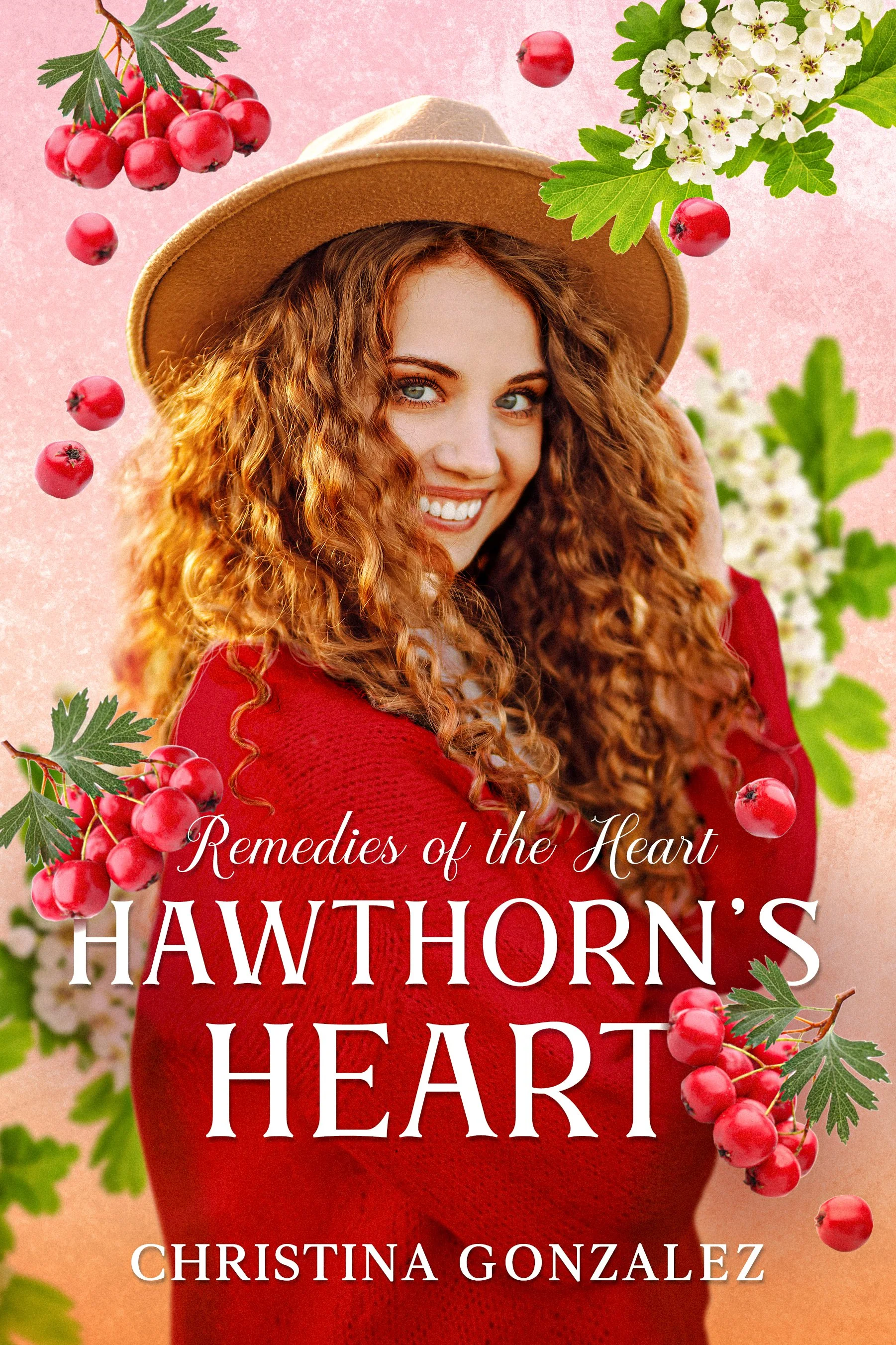 A vibrant book cover featuring a smiling woman with long, curly red hair, a tan wide-brimmed hat, and a red knit sweater looking over her shoulder against a textured pink background. The scene is decorated with floating clusters of bright red hawthor