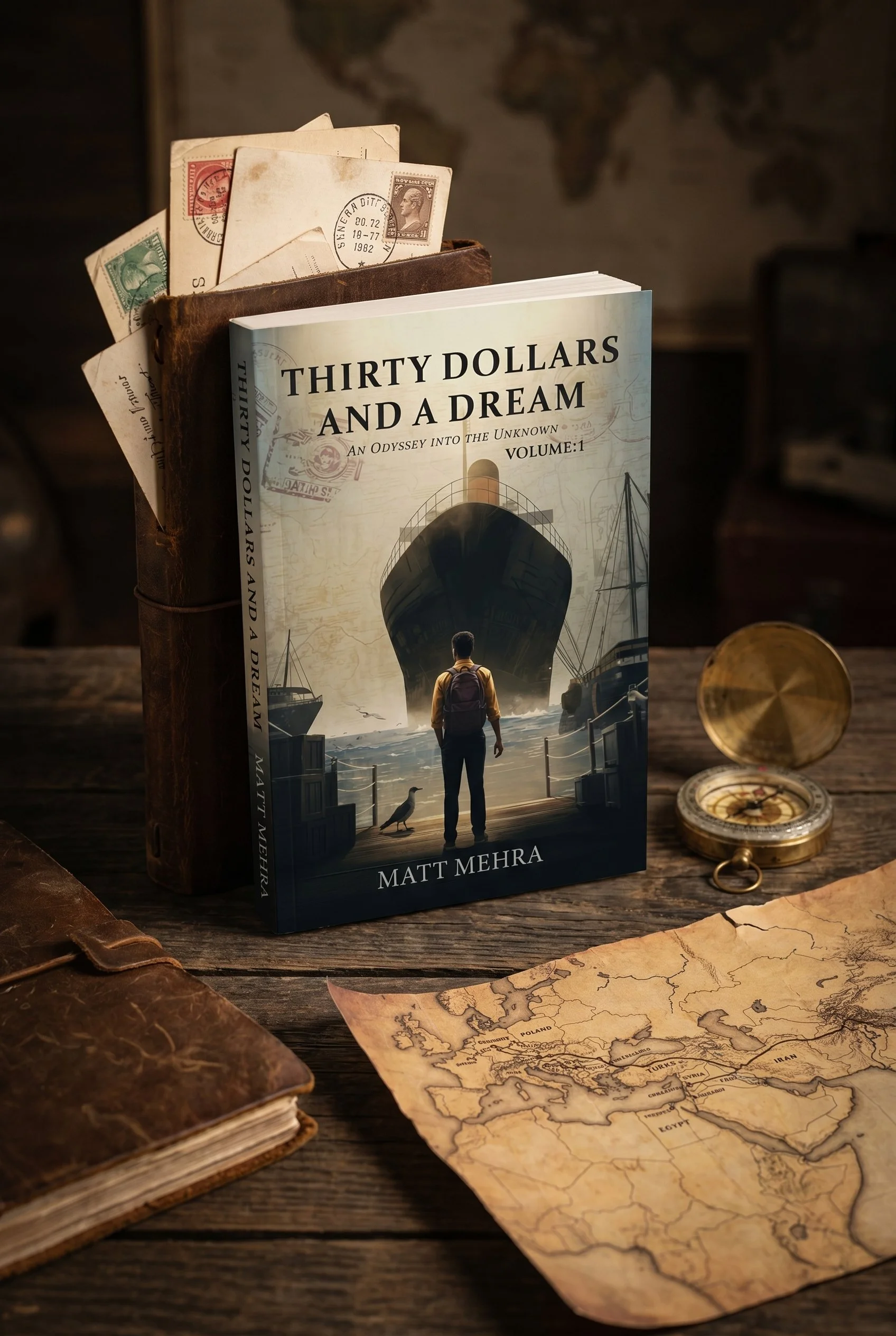 A product mockup of a book cover standing upright on a rustic wooden table, surrounded by vintage travel items including an old leather journal stuffed with stamped letters, a brass compass, and a weathered parchment map of Europe and the Middle East