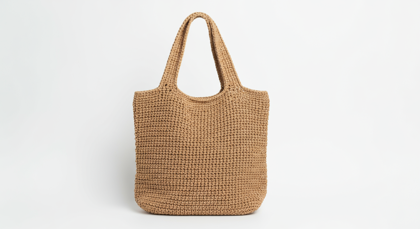 Beige crocheted tote bag against a white background.