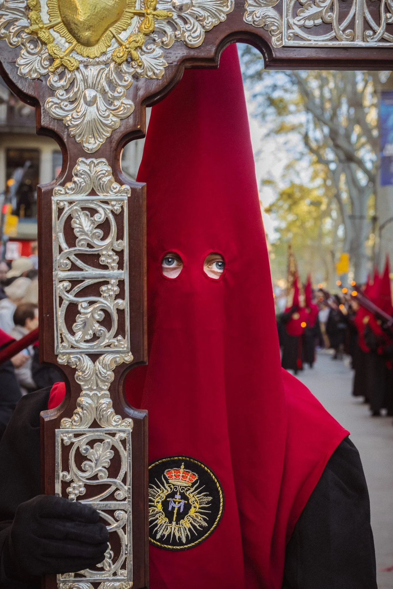 Two eyes through red cloth. Everything else is costume.