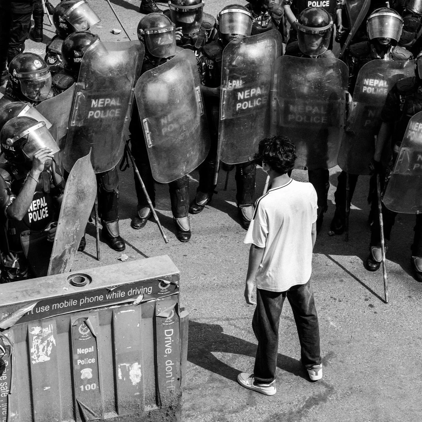 protester challenging police
