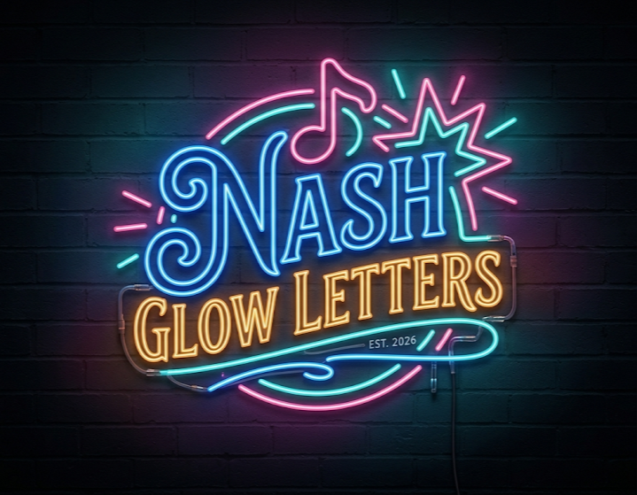 Neon sign that reads "NASH GLOW LETTERS EST. 2026" with music notes and starburst designs on a dark brick wall