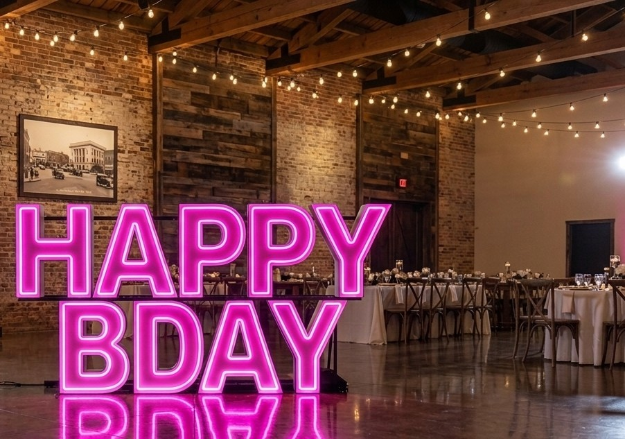 Indoor celebration space with tables set for a party, string lights hanging from the ceiling, and a large neon sign that says 'HAPPY BDAY' in pink lighting.