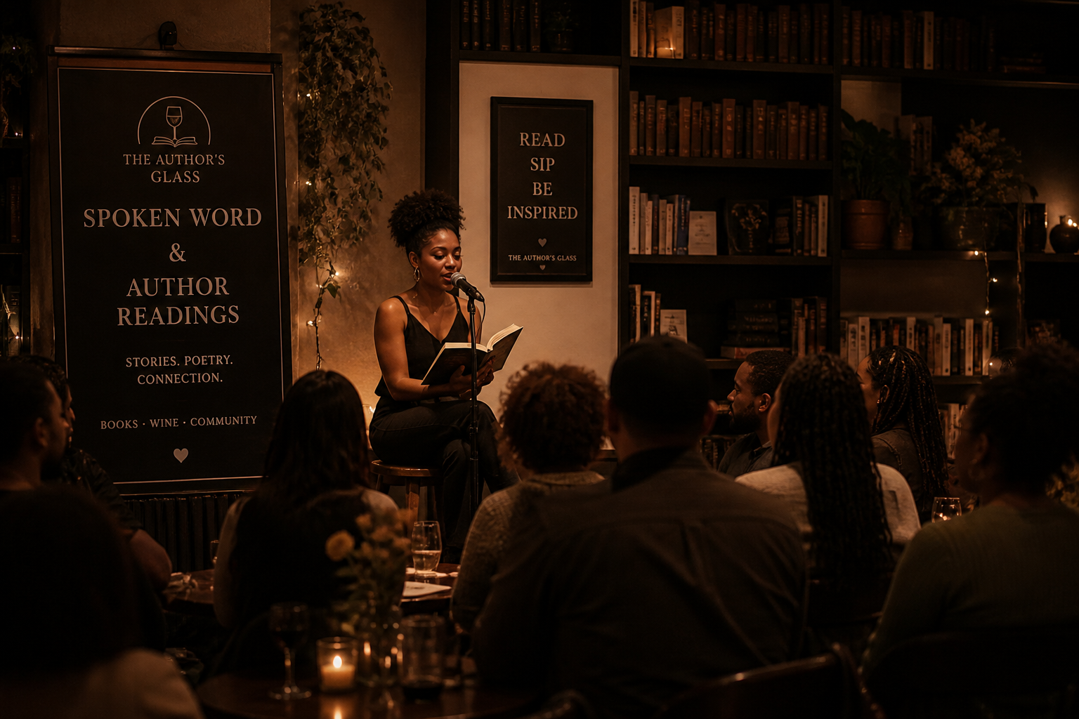 A woman reading from a book on stage at a spoken word and author reading event in a cozy, dimly lit bookstore or library, with an audience listening attentively.