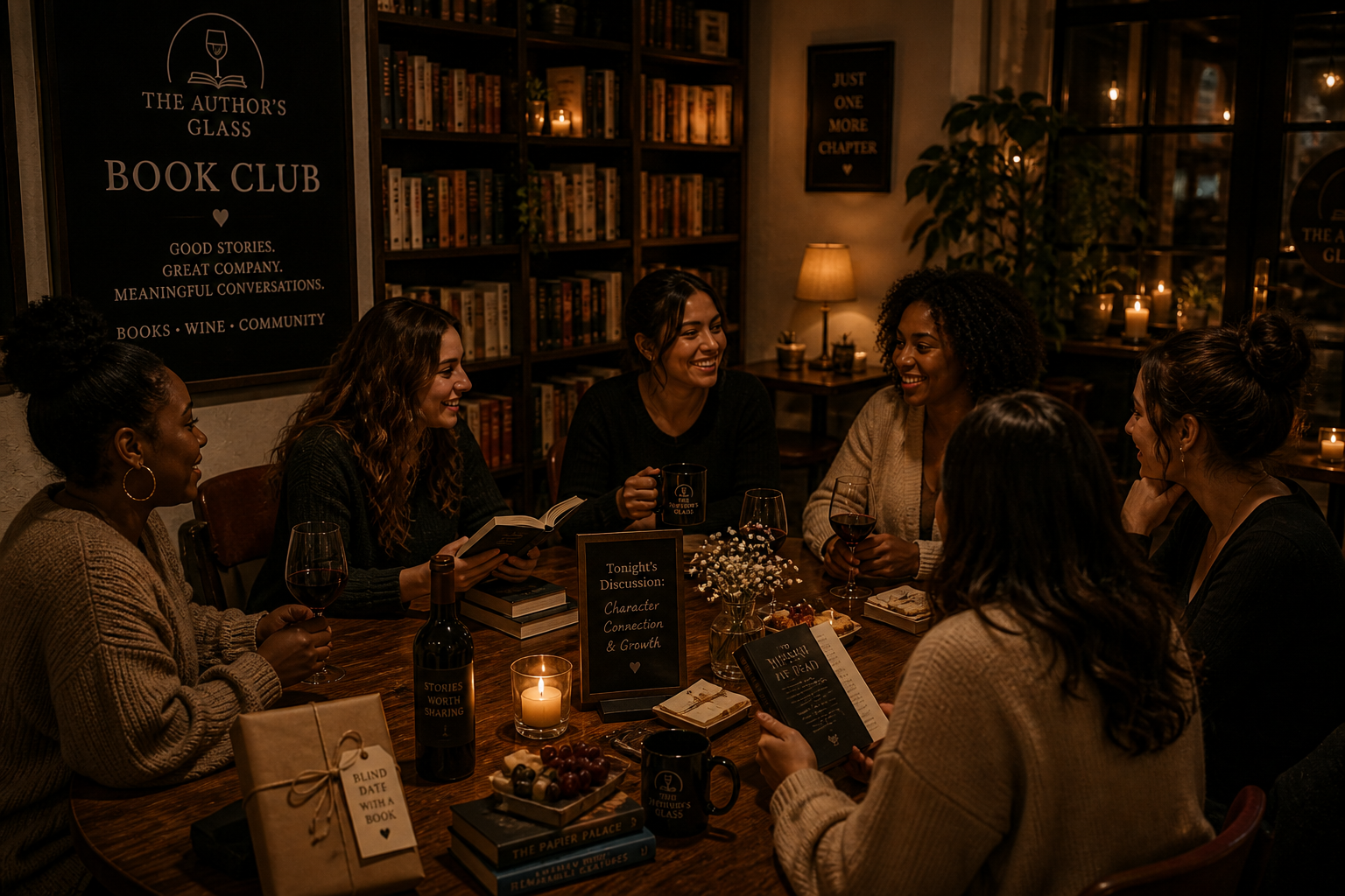 A group of six women enjoying a book club meeting in a cozy, dimly lit room with bookshelves, candles, and wine glasses.