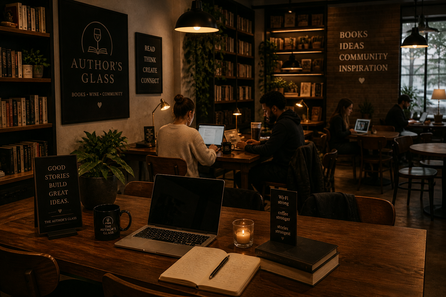 A cozy bookstore café with wooden tables, bookshelves, and warm lighting. People are working on laptops, and signs promote books, ideas, community, and inspiration.