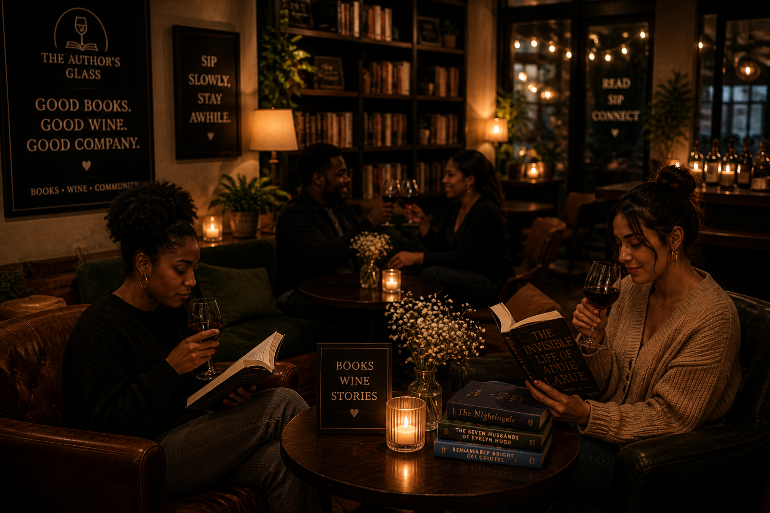 A cozy bookstore and wine lounge scene with four people. Two women in the foreground are sitting on leather sofas, reading books and drinking red wine. One woman has her hair in a bun and is wearing a beige sweater; the other has curly hair and is wearing a black top. Two people in the background are a man and a woman sitting at a small round table, clinking glasses of wine. The setting features warm lighting, candles, and bookshelves filled with books, with signs on the wall and flowers on the table.