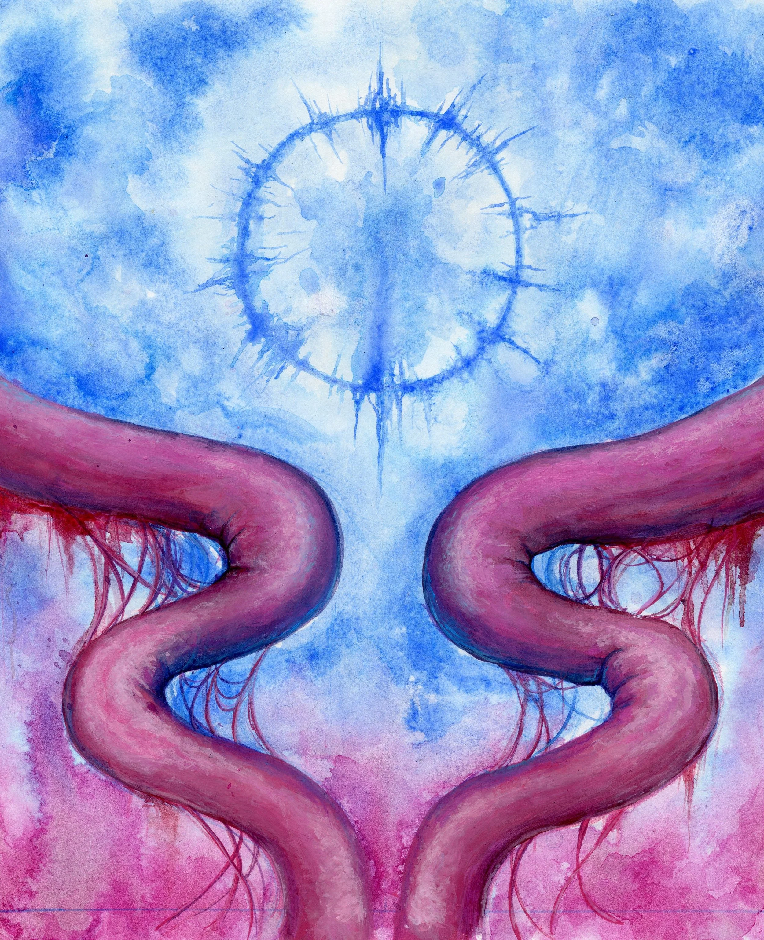 A acrylic painting of a pair of human intestines connected to each other with blood vessels, with a stylized circle in the background.