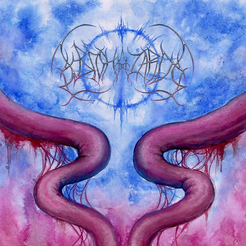 A surreal illustration featuring two large pink and purple snakes with flowing lines, against a blue and pink watercolor background. In the upper center, there is a complex, symmetrical design resembling a spider or insect with elongated, spindly lim