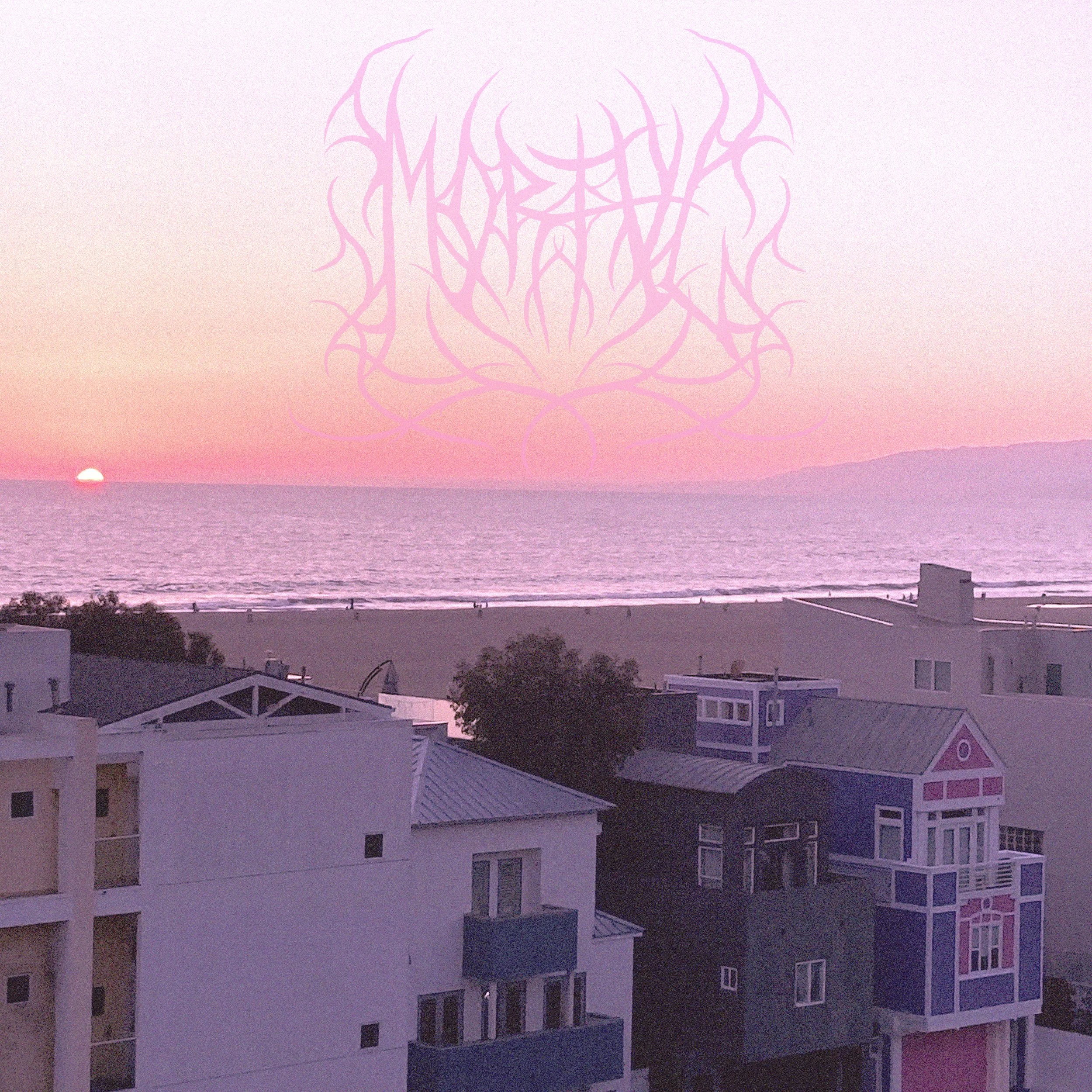 A sunset over the ocean with the sun partially visible on the horizon, casting a pink and purple hue across the sky and water. The darth vader and barbie / goth and bubble gum house from that meme in the foreground. Metal logo up top.