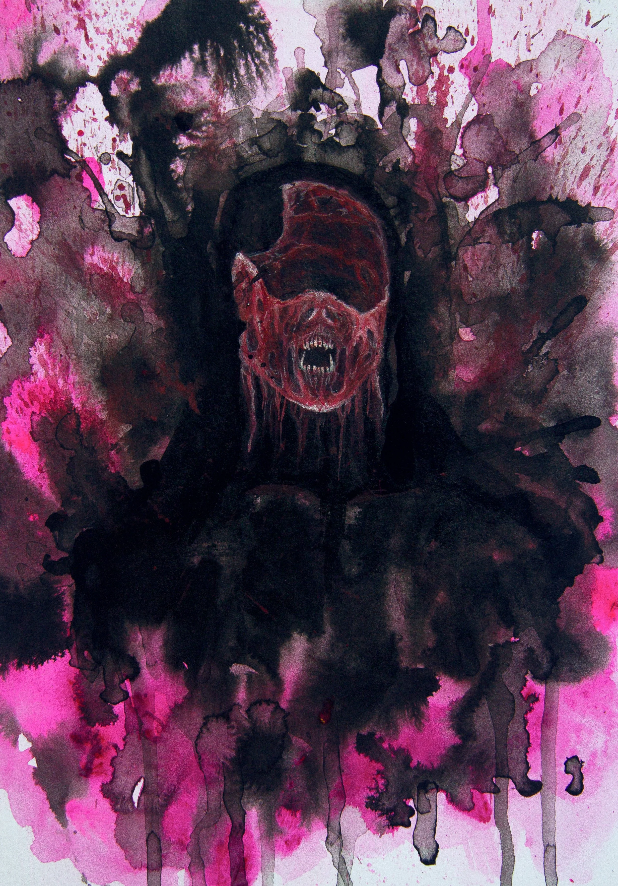 A dark, abstract watercolor painting of a screaming face with an open mouth and sharp teeth, surrounded by splashes and drips of black, pink, and purple ink.
